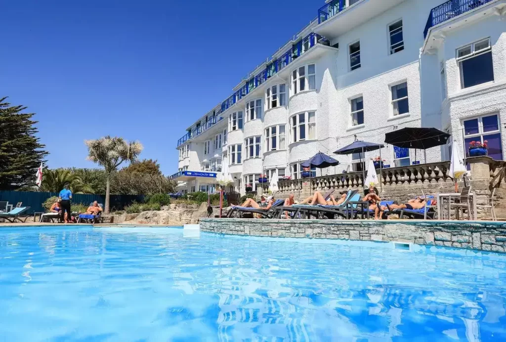 Outdoor heated swimming pool at The Marsham Court Hotel in Bournemouth
